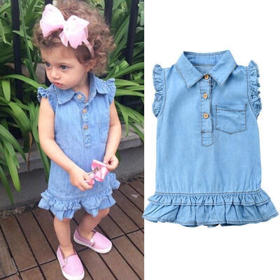 

Toddler Kids Baby Girls Denim Ruffle T Shirt Sleeveless Dress Clothes Summer