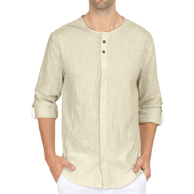 

Tailored Mens Fashion Baggy Cotton Blend Solid Color Long Sleeve Round Neck Shirts