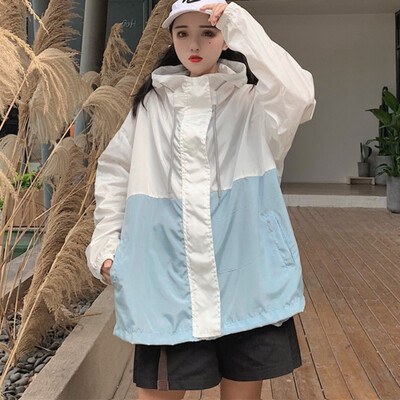 

Women Zipper Basic Jackets Pockets Casual Long Sleeves Coats Oversize Female Autumn Hooded Jacket Two Tone Windbreaker Jacket