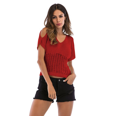 

Cold Shouder Female T Shirt Knit Hollow Out TShirts Summer Women Loose Casual V Neck T-shirt Short Sleeve Solid Short Top