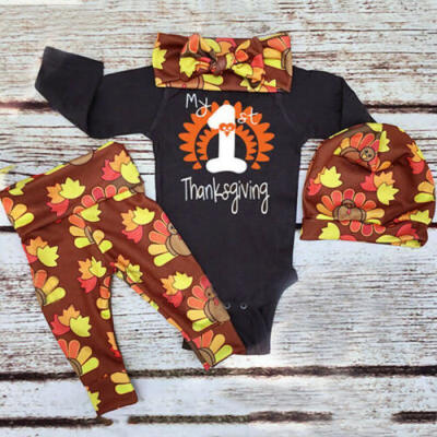 

Newborn Baby Girls Boy Thanksgiving Turkey Outfits Tops RomperPants 4PCS Set