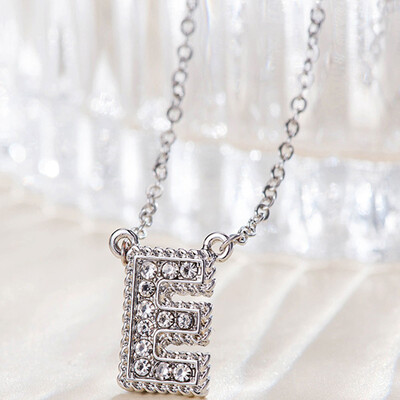 

Fashion Women 26 Double Sided English Alphabet Diamond Silver Color Necklace