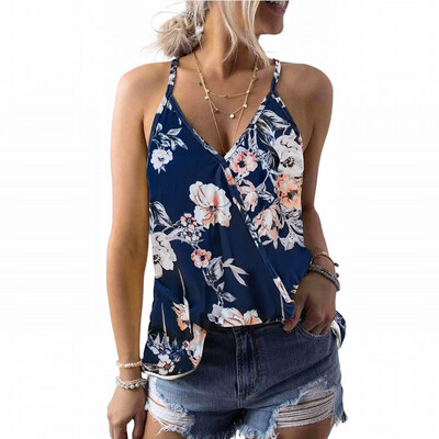 

Tropical Plant Print Vest T-Shirt womens Summer V-neck Slim Top