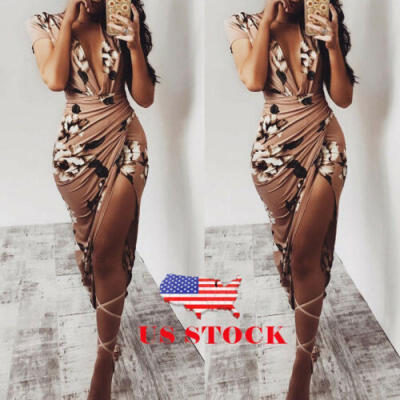 

US Womens Floral Print Deep V Ruched Slit Bodycon Evening Party Cocktail Dress