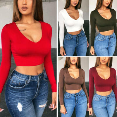 

NEW WOMENS CROP TOP LONG SLEEVE SCOOP CREW NECK LADIES BRALET T-SHIRT VEST 6-12