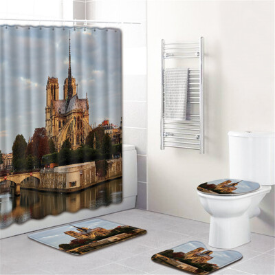 

Gobestart Waterproof Bathroom Shower Curtain Set Non-Slip Rug Toilet Lid Cover Bath Mat