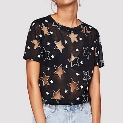 

Starmoon Women Fashion Casual O-Neck Solid Pentagram Print Tops Short Sleeve T-Shirt