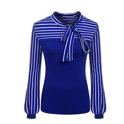 

Nomeni Women Tie-Bow Neck Striped Long Sleeve Splicing Shirt Blouse BK