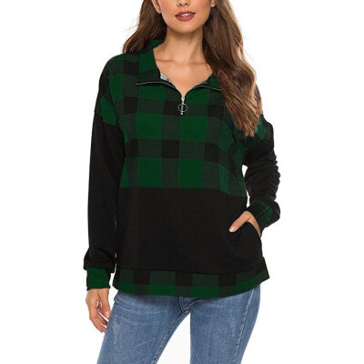 

Gobestart Womens Zipper Color Block Plaid Shirt Elbow Patches Pullover Sweatshirt Top