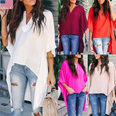 

Fashion Womens Summer V Neck Blouses Loose Baggy Tops Tunic T Shirts Plus Size