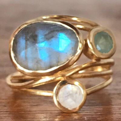 

Unique Gold Labradorite Moonstone Aqua Blue Shell Ring Wedding Jewelry Gifts Size 6 7 8 9 10