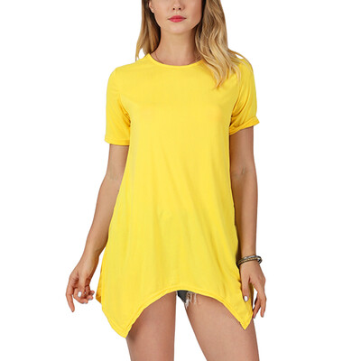 

Women T-shirt Casual Fashion Asymmetric Hem Round Neck Solid Color Short Sleeve Top