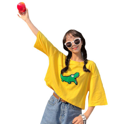 

Korean Summer Female T-shirt harajuku Cartoon Animal T Shirt Women Short-Sleeved Print Plus Size O-Neck Yellow Red Shirt