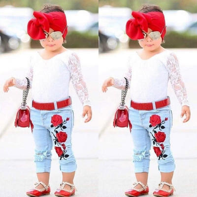 

Toddler Kids Baby Girls 3D Flower Lace Tops Denim Pants Jeans Outfit Set Clothes