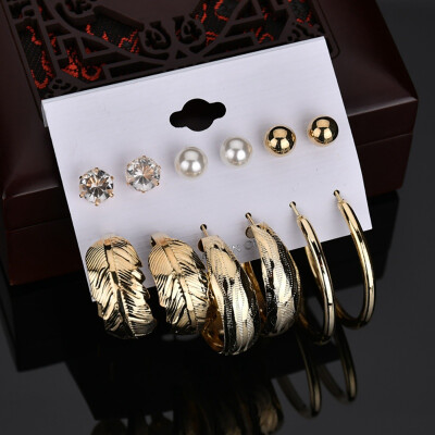 

Women Fashion Charm Crystal Pearl Stud Earrings Set Earrings 6 Pairs