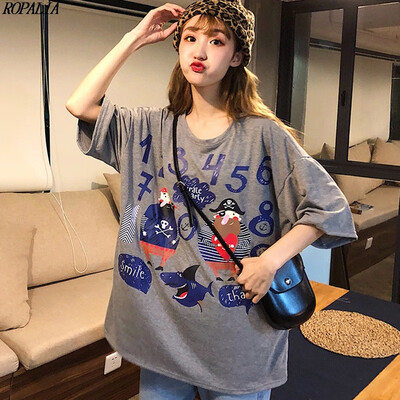

Womens Round Neck Cartoon & Number Print Short Sleeve Loose T-Shirt