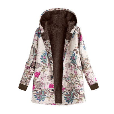 

Womens Winter Thick Outwear Floral Ethinic Lined Hooded Warm Pockets Coat -3XL
