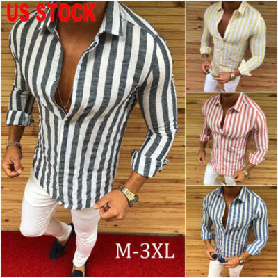 

Luxury Men Stylish Casual Dress Slim Fit T-Shirt Long Sleeve Formal Striped Tops