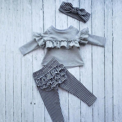 

UK 3Pcs Toddler Kid Baby Girl Cotton Ruffle Plaid Tops Long Pants Outfit Clothes