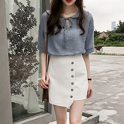 

Womens Simple Tops Casual V Neck Solid Color Short Sleeve Lace Up Cotton & Linen T-Shirt Linen Short Sleeve T-Shirt