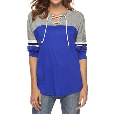 

Nomeni Women Casual Long Sleeve Solid Color Blocking Striped V-Neck Blouse tops