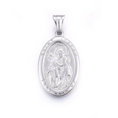 

304 Stainless Steel Pendants Large Hole Pendants Oval with Saint Joseph Stainless Steel Color 35x215x25mm Hole 9x5mm