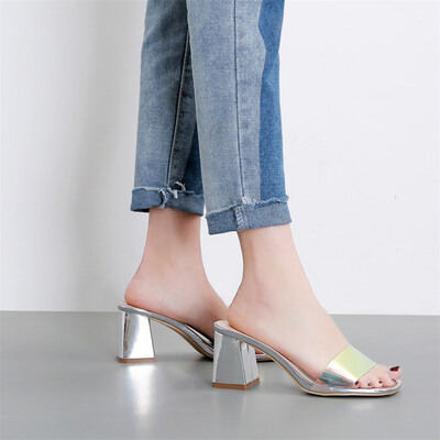 

Rose Fashion Women Slip-on Square Toe High Hoof Heels Platform Slipper Shoes