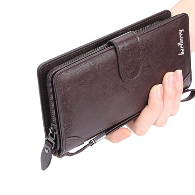 

Men Bifold Wallet Clutch Bag Wrist Strap Purse PU Leather Large Capacity Zipper Press Stud Credit Card Holder Vintage Organizer