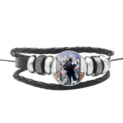 

Skisneostype- Kpop BTS Bracelet Bangtan Boys Black Handmade Leather Rope Bracelet Time Gem Cabochon Wristband