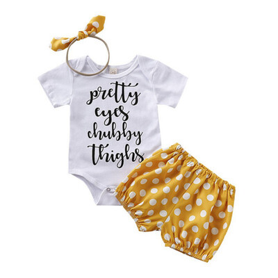 

Summer Baby Girl Casual Short Sleeve Letter Romper Tops Floral Shorts With Headband Outfits Set