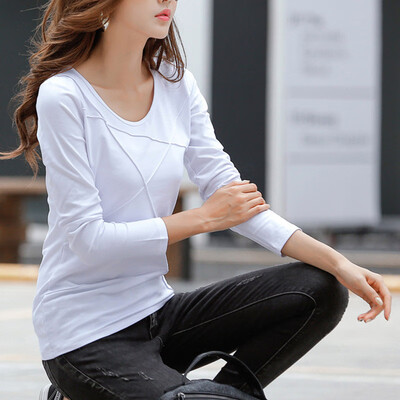 

Autumn Women T-Shirt Round Collar Three-dimensional Striped Top Solid Color Long-Sleeved Slim Bottoming Casual Tops