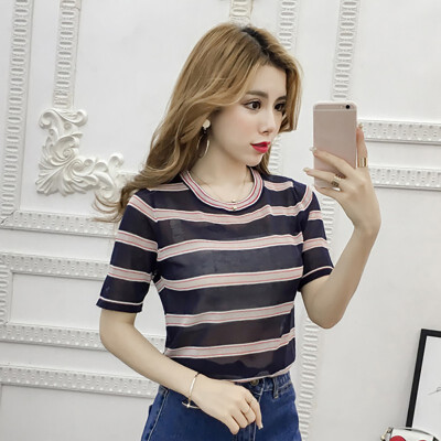 

Casual Womens Casual O Neck Striped Short Sleeve Thin Perspective Knitted Pullover T-Shirt