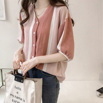 

Women Loose Casual Chiffon V-neck Summer Sweet Striped Print Puff Sleeve Lace Bottoming Blouse