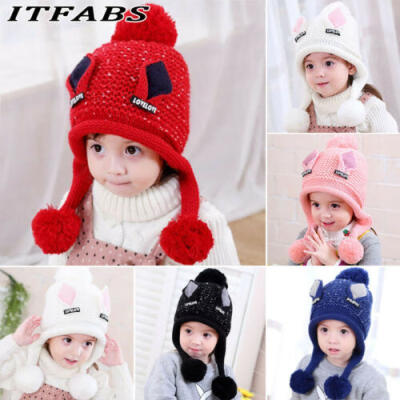 

Kids Children Knitted Beanie Hat Hats Cap Winter Worm Girls Boys Single Fur Pom