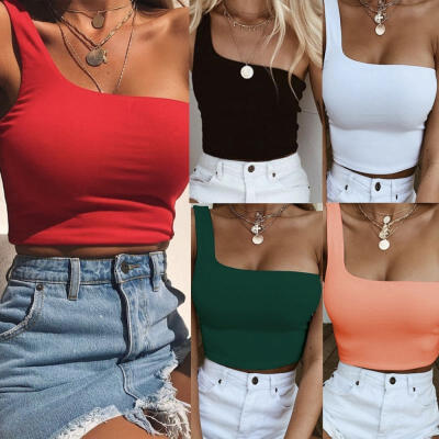 

Women One Shoulder Crop Tops Sleeveless T-Shirt Blouses Summer Beach Vest