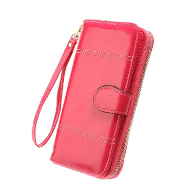 

Retro Women Solid Color Oil Wax Faux Leather Wallet Long Zipper Coin Bag Purse