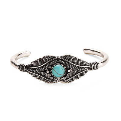 

Fashion Women Europe Retro Style Turquoise Leaf Openings Bangle Bracelet Jewelry