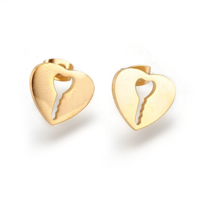 

304 Stainless Steel Stud Earrings Heart with Key Golden 12x14x15mm Pin 08mm