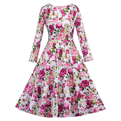 

Boat Neck Long Sleeve Floral Print Belted A-line Women Dress