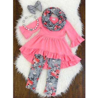 

Lovely Toddler Kids Baby Girls Long Sleeve T-shirt Tops Mini DressLeggingsScarf 3Pcs Outfits Cotton Clothes Fit For 1-7T