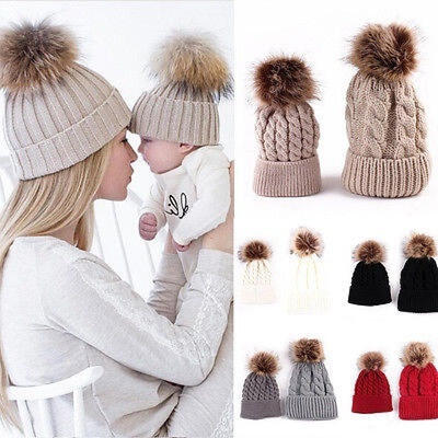 

Mother & Baby Warm Winter Knit Hat Beanie Fur Pom Hats Crochet Ski Caps Baby Mom Brief Fashion Cap
