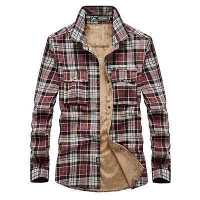 

Toponeto Mens Buttons Plaid Long-Sleeved Shirt With Fleece For Warmth Blouse