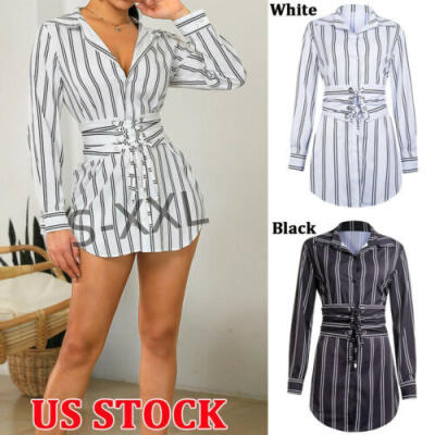 

Fashion Women Striped Lace-Up Front T-Shirt Dress V-Neck Casual Shirt Mini Dress