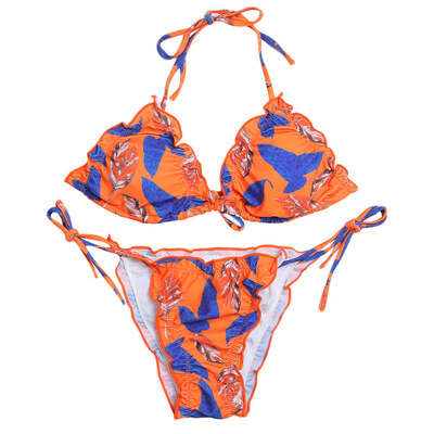 

Women Sexy Tied Strap Backless Lady Swimwear Flouncing Leaf Print Bikini Set
