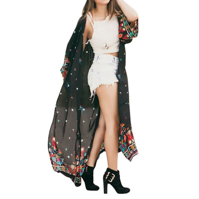 

Toponeto FEITONG Women Loose Floral Chiffon Kimono Oversized Cardigan With Fringe Shawls