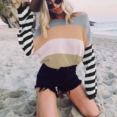 

Gobestart Women Off The Shoulder Sweater Casual Stripe Knitted Loose Long Sleeve Pullover
