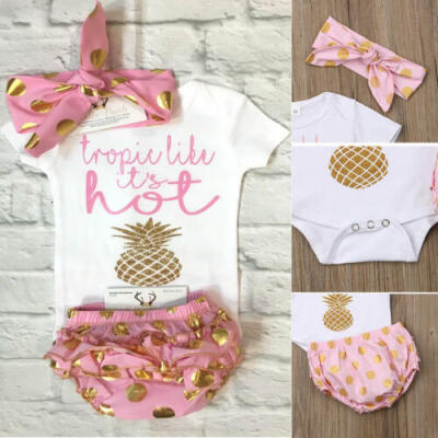 

US Toddler Baby Girl Cotton Pineapple Romper Ruffle Brief Outfit Sunsuit Clothes