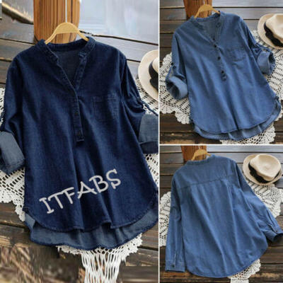 

Women Denim Blue Asymmetrical Long Shirt Tops Casual Buttons Blouse Plus Size CA