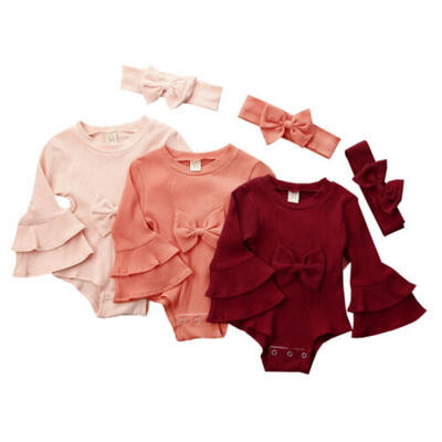 

2PCS Newborn Baby Girl Winter Knitted Clothes Stripe Romper Jumpsuit Bow Outfits