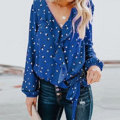 

Starmoon Fashion Women V-Neck Long Sleeves Ruffles Wave Point Blouse T-shirt Tops
